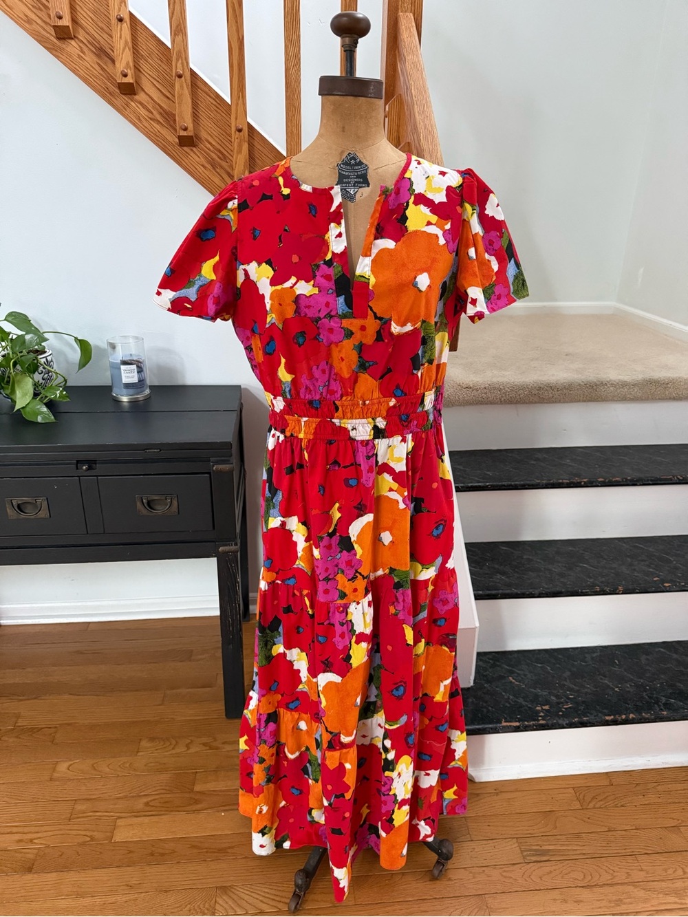 Maggy London Red Floral Maxi Dress with Orange & Pink Accents